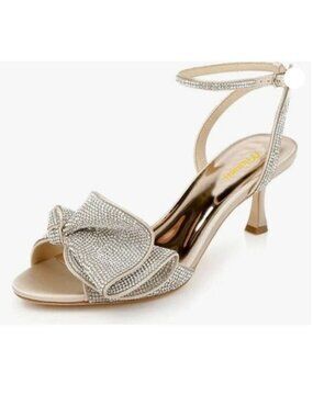Milooey shoes Womens Glitter Rhinestone Bow Heeled Sandal Elegant Crystal Gold